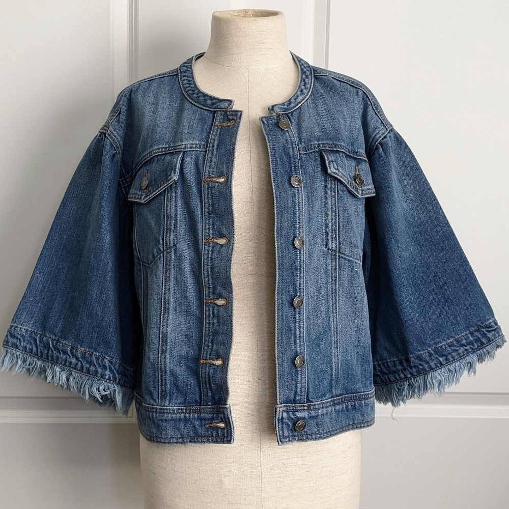 1. State Denim Jacket 3/4 Length Flared Frayed Sleeve Button Front Blue M NWT